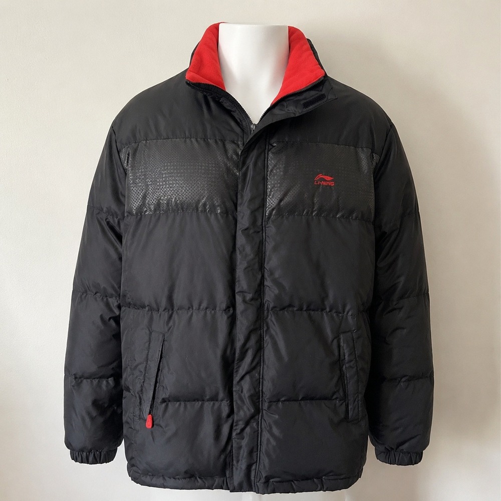 Li-Ning Mens Puffer Jacket Size XXL Black Red Fleece Lined Winter 185/100A